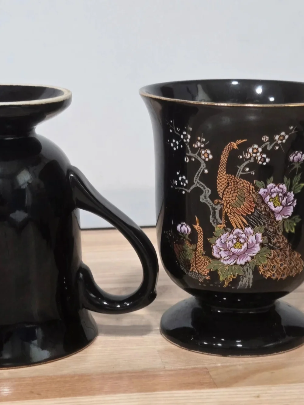 Vintage Y-China Japan Black & Gold Peacock Footed Coffee Mugs (Set of 2)